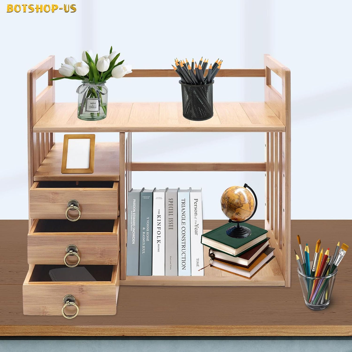 Gdrasuya10 Bamboo Desktop Bookshelf Wood Counter-top Bookcase Office Desk Organizer Book Holder with 3 Drawers Double Layer Makeup Storage Display Shelf Rack for Office Supplies (Natural Color)