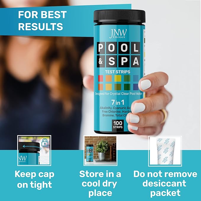 JNW 7-in-1 Pool Test Strips, 100 Quick & Accurate Test Strips for Pool Water, Spa Test Strips for Hot Tub, Chlorine Test Strips, Bromine, pH, Alkalinity, Hardness & More - Swimming Pool Test Kit