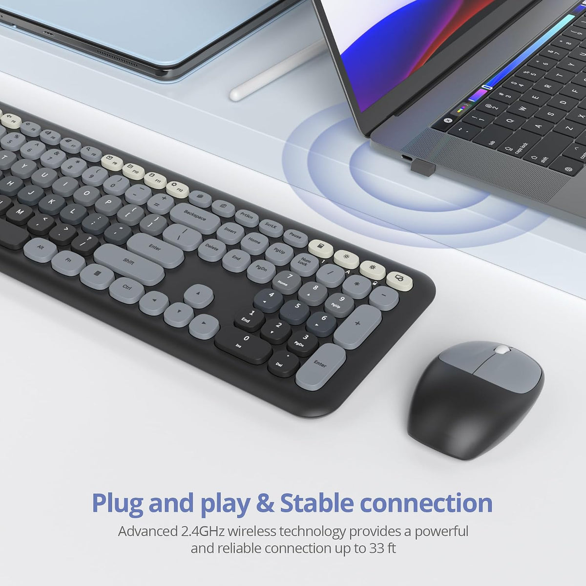 Wireless Typewriter Keyboard and Mouse Combo Retro 104 Key Full Size Office Set Black and Gray Keyboard with Silent Round Keycaps, Ideal for Laptop and Desktop PCs, Cute Design Keyboard
