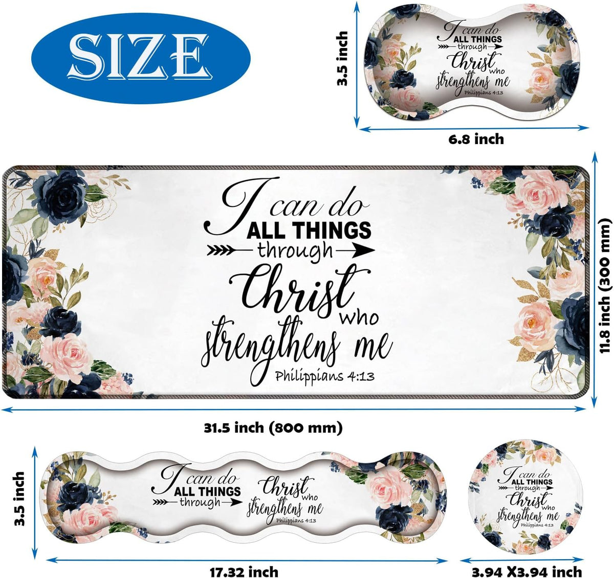 4 in 1 Mouse Pad Combo, Large Gaming Mouse Pad + Keyboard Wrist Support + Mouse Wrist Rest + Coaster, Table Pad with Stitched Edge Memory Foam Ergonomic Wrist Pad Set, Bible Phil 4-13 Floral