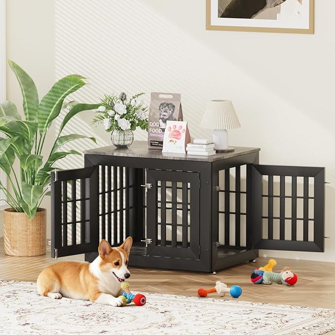 32" Heavy Duty Dog Crate Furniture for Small,Medium and Large Dogs,Rustic Wooden Dog Cage Kennel Indoor Furniture with Waterproof Top,Decorative Pet House Side End Table (Black & Grey)
