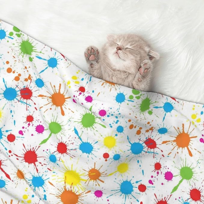 Reversible Plush Throw for Dogs and Cats, Paint Splatter Colorful, Double Sided Blanket with Nubby Dot Side and Sleek Side Ideal for Cuddling Nesting Security