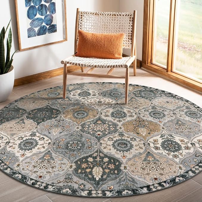 Lahome Moroccan Washable Round Area Rug, Soft Vintage Round Rugs 6ft