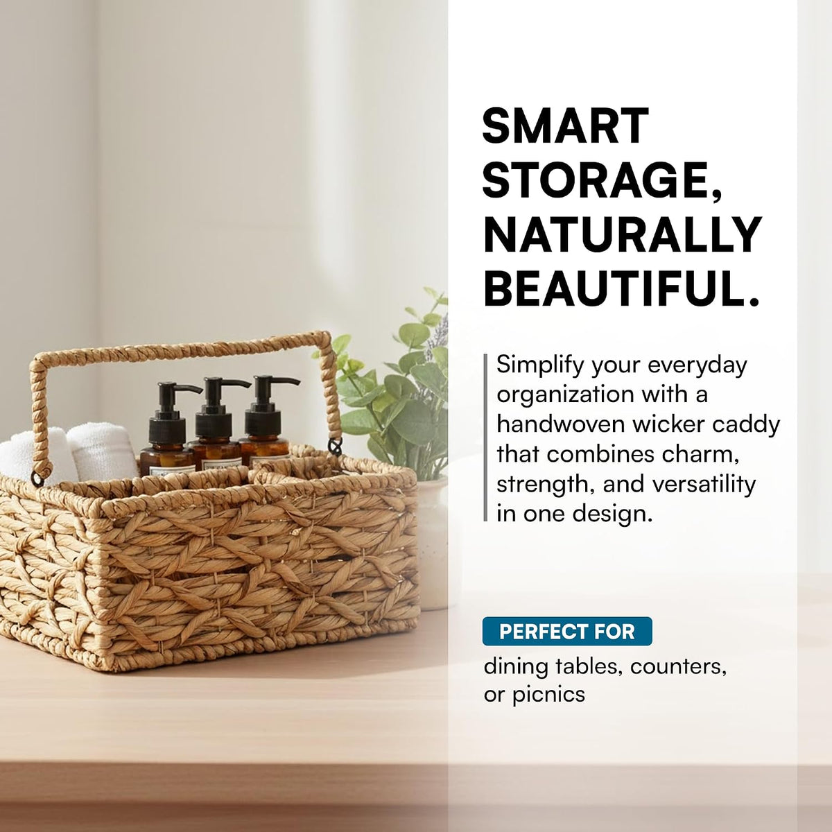 Honey-Can-Do Woven Water Hyacinth Wicker Storage Basket, Caddy, Natural