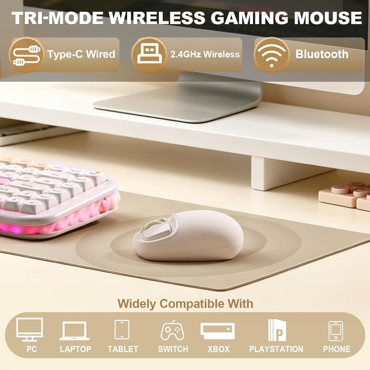 YUNZII C1 Wireless Tri-Mode Wireless Mouse 4800 DPI Optical (Beige)