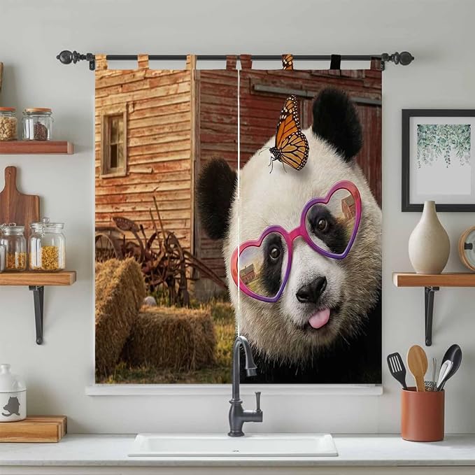 Farm Panda Bedroom Curtains 72 Inch Length, Window Curtains Tab Top, Farmhouse
