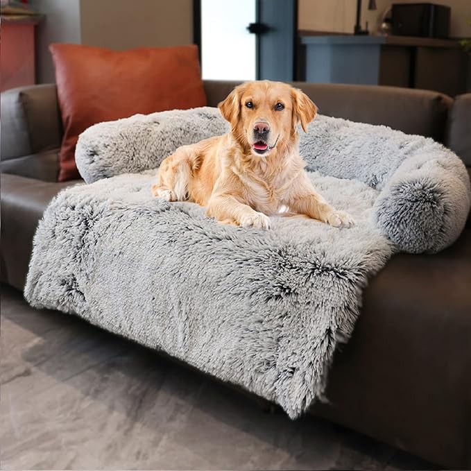 Yapudoo Plush Dog Bed Sofa Cover, Deluxe Plush Soft Pet Couch Protector Pet Beds, Couch Cover for Large Dogs, Removable Washable Anti-Slip Pet Bed with Memory Foam Neck Bolster Silver Gray Large