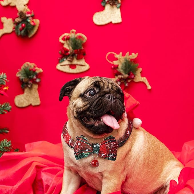 4 Pieces Christmas Dog Bandanas and Collars Set Xmas Christmas Classic Plaid Dog Neck Tie Triangle Bib Scarf Kerchief Adjustable PET Bow Tie with Safety Bell Costume for Cat(L,Stylish Style)