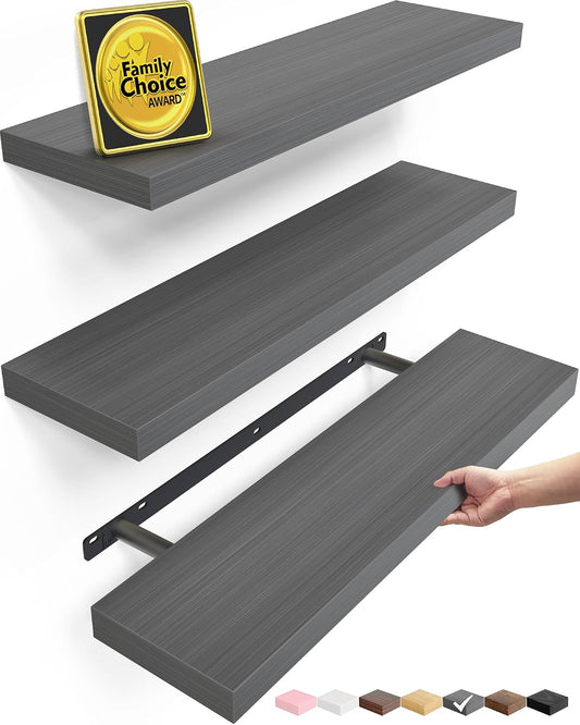 BAYKA Grey Floating Shelves 22.5in, Set of 3, Wall Mount Rustic Wood Shelf