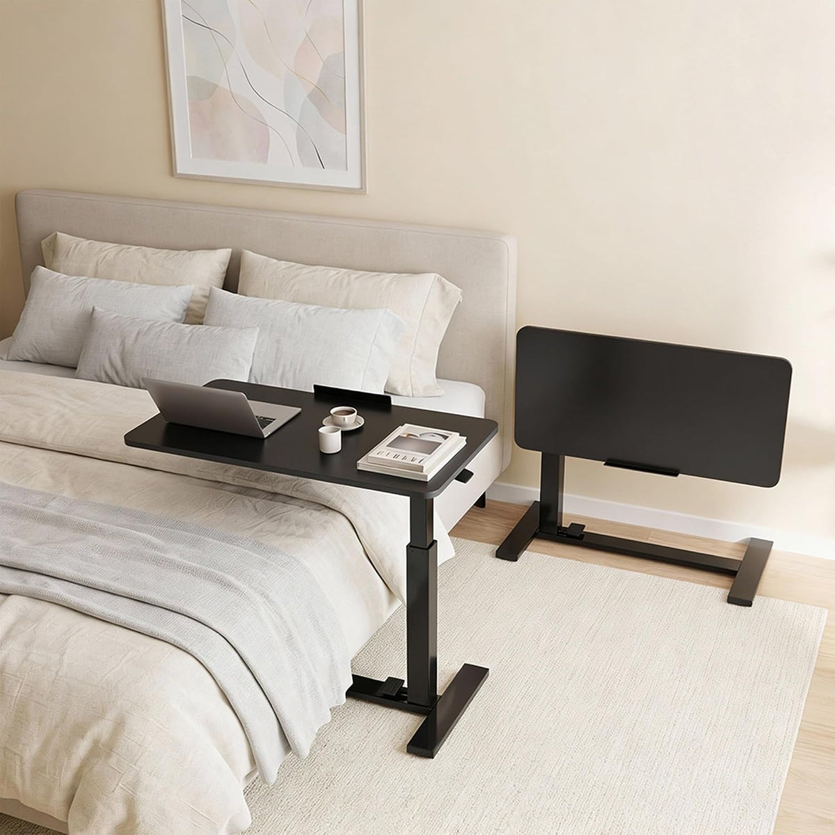 DUMOS Overbed Table with Wheels, Height-Adjustable Bedside Table, Black