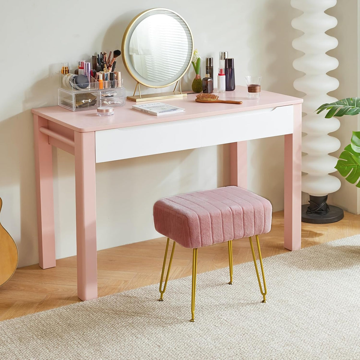 IBUYKE Makeup Vanity Stool, Velvet Rectangular Footrest, Pink LG-51P