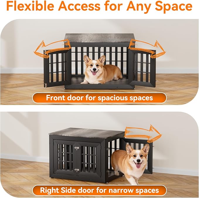 32" Heavy Duty Dog Crate Furniture for Small,Medium and Large Dogs,Rustic Wooden Dog Cage Kennel Indoor Furniture with Waterproof Top,Decorative Pet House Side End Table (Black & Grey)