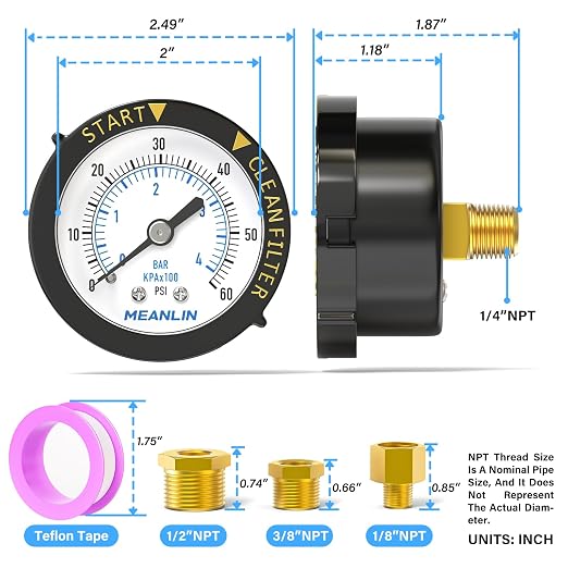 MEANLIN MEASURE 0~60Psi Plastic Frame 1/4" NPT Start and Clean Filter Pressure