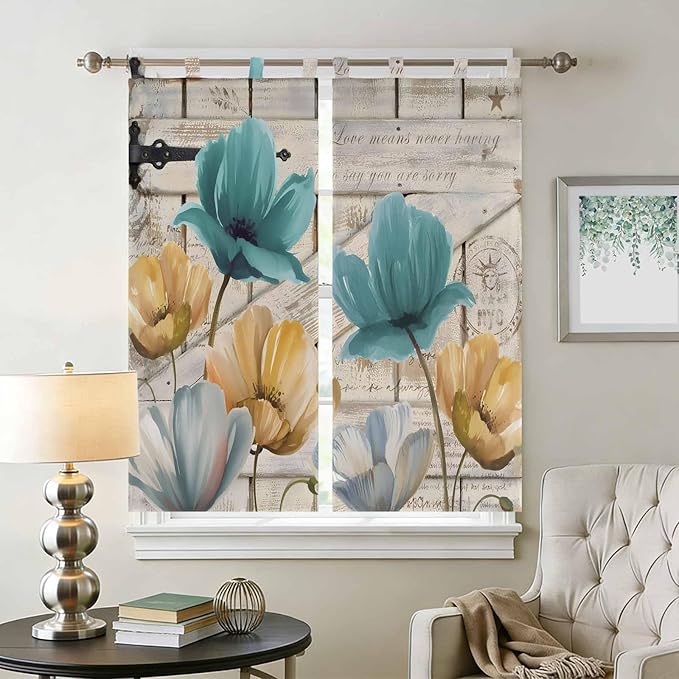 Watercolor Flowers Bathroom Curtains 63 Inch Length, Window Curtains Tab Top