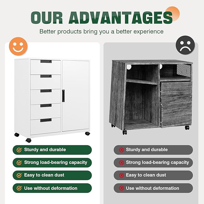 Letaya 5 Drawer Storage Cabinet, Mobile Printer Stand for Home Office,Dresser Chest with Shelves and Door(White)