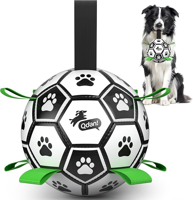 QDAN Dog Toys for Small Medium Puppy, Soccer Ball for Dogs with Straps, Dog Herding Balls, Birthday Toy Gifts, (Black Greem, 6 Inch)