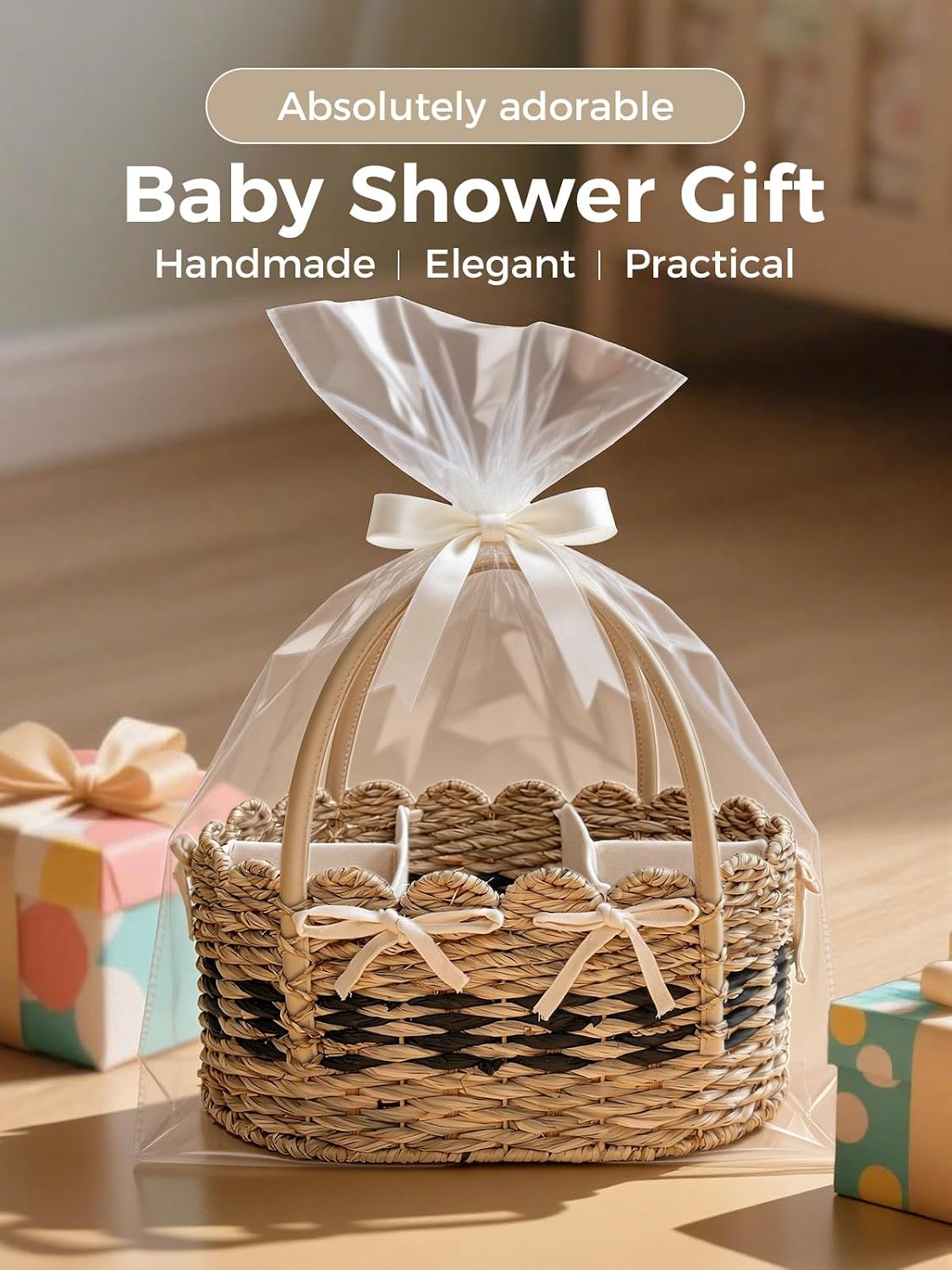 Large Diaper Caddy Organizer, Handwoven Natural Seagrass Basket with 5 Compartments, Scalloped Wicker Changing Table Organizer (Natural, XXL)