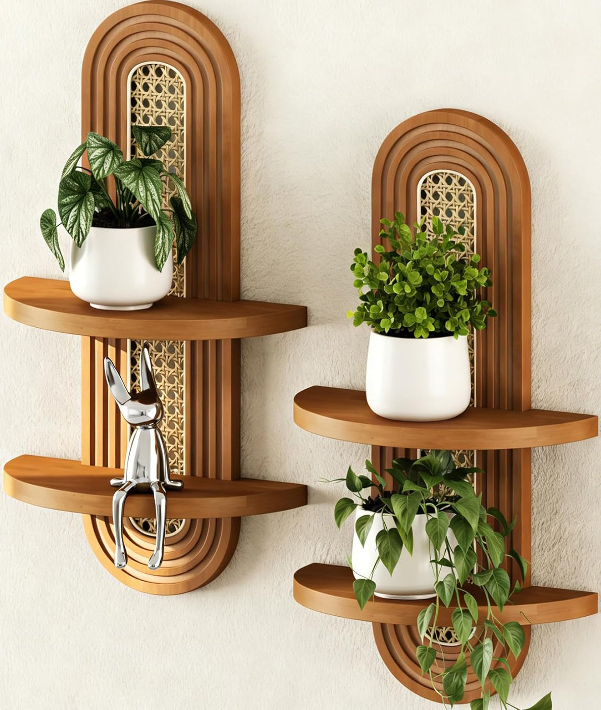Floating Shelves for Wall,Boho Home Wall Decor,2-Tier Rattan Plant Shelf,Mid Century Hanging Small Decorative Shelf,Natural Wood Shelves for Living Room,Bedroom,House,Office,2-Pack (Walnut)