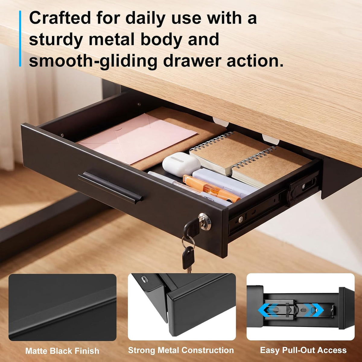 Menkxi 16'' x 12'' Under Desk Drawer Slide Out Storage Organizer, Black