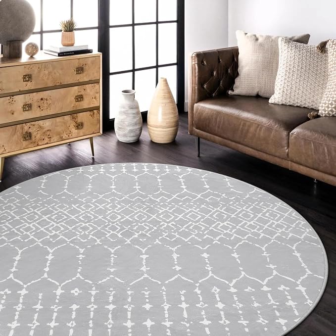 Lahome Moroccan 5Ft Round Rug Machine Washable Round Bedroom Carpet Grey