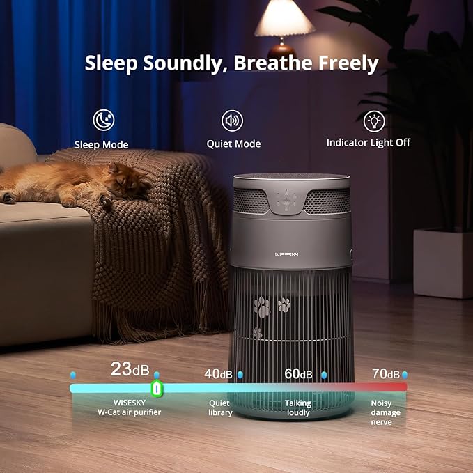 WiseSky Pet Air Purifier for Cat Owners, High-Efficiency Air Purifier for Cat Hair Dander Smoke Litter Odor in Large 1644 Sq Ft Room, 360° HEPA Filtration, Smart App, Quiet Pet-Friendly Design, Grey
