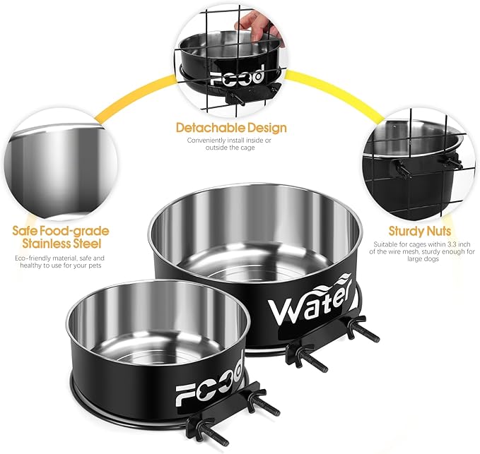 2 Pcs Large Pet Dog Food and Water Bowl Set for Cage, Stainless Steel Non-Spill Kennel Hanging Cats Pets Bowls Crate Feeder Dish with Clamp Holder for Medium Large Dogs Pets (6.3x2.3'' & 7.1x2.5'')