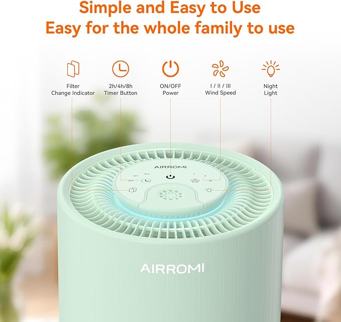 AIRROMI Air Purifier for Bedroom with HEPA 3-in-1 Filter, Pet Air Purifier for Home Cat Pee Smell, Covers Upto 990 Ft², Quiet 360°intake Air Cleaner for pet hair,allergies,Dust,Smoke A2001 Green
