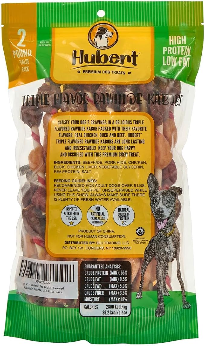 Hubert Pet Triple Flavored Rawhide Kabobs, Chicken, Duck & Pork Hide Dog Chews, All Natural Treats for All Dog Sizes, 2 Pound Resealable Bag