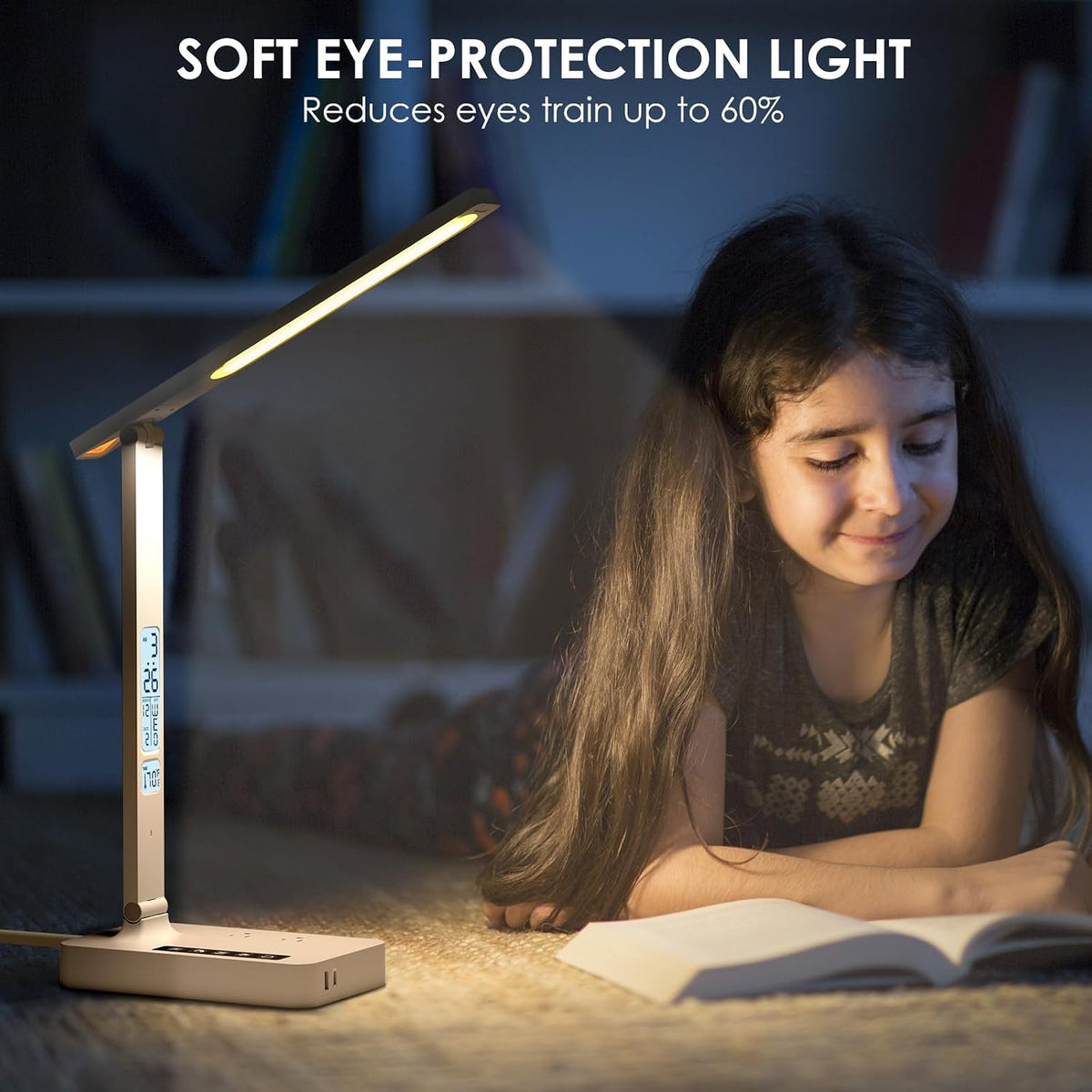 Infiway Desk Lamp with USB Charging Port: LED Desk Lamps for Home Office - 1 Type-C, 1 USB-A Charging Port, 2 AC Power Outlets - Touch Control Dimmable 5 Color 5 Brightness