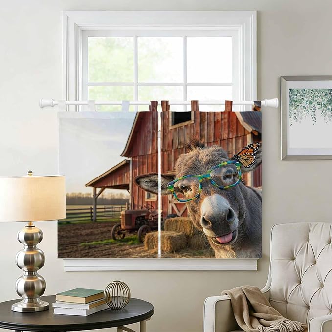 Farm Donkeys Bedroom Curtains 63 Inch Length, Window Curtains Tab Top,
