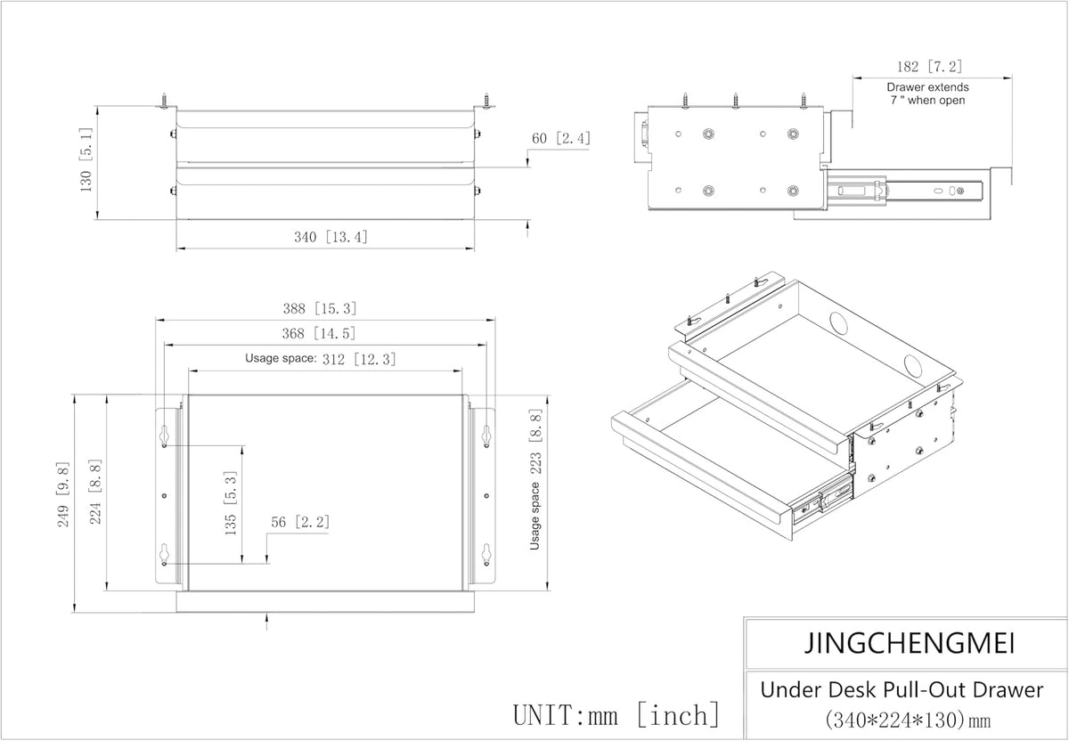 Dual Tier Under Desk Mounted Sliding Pull-out Drawer, 15.3" Wide