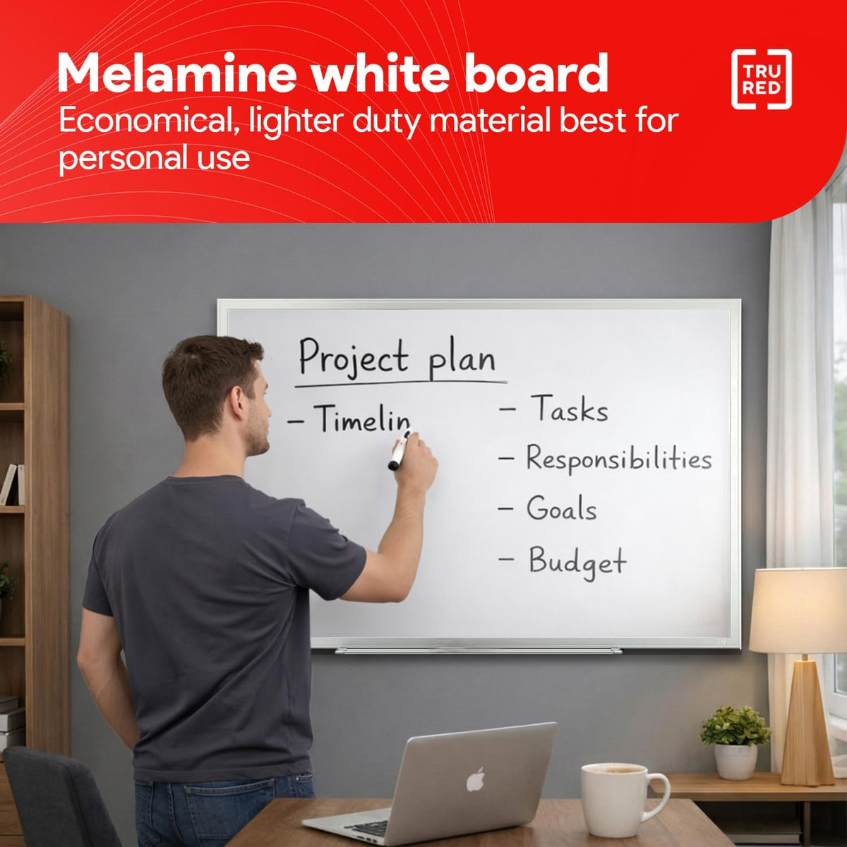 Staples TRU RED Melamine Whiteboard | Dry Erase Board for Wall, White Board with Gray Aluminum Frame, 3 ft x 2 ft