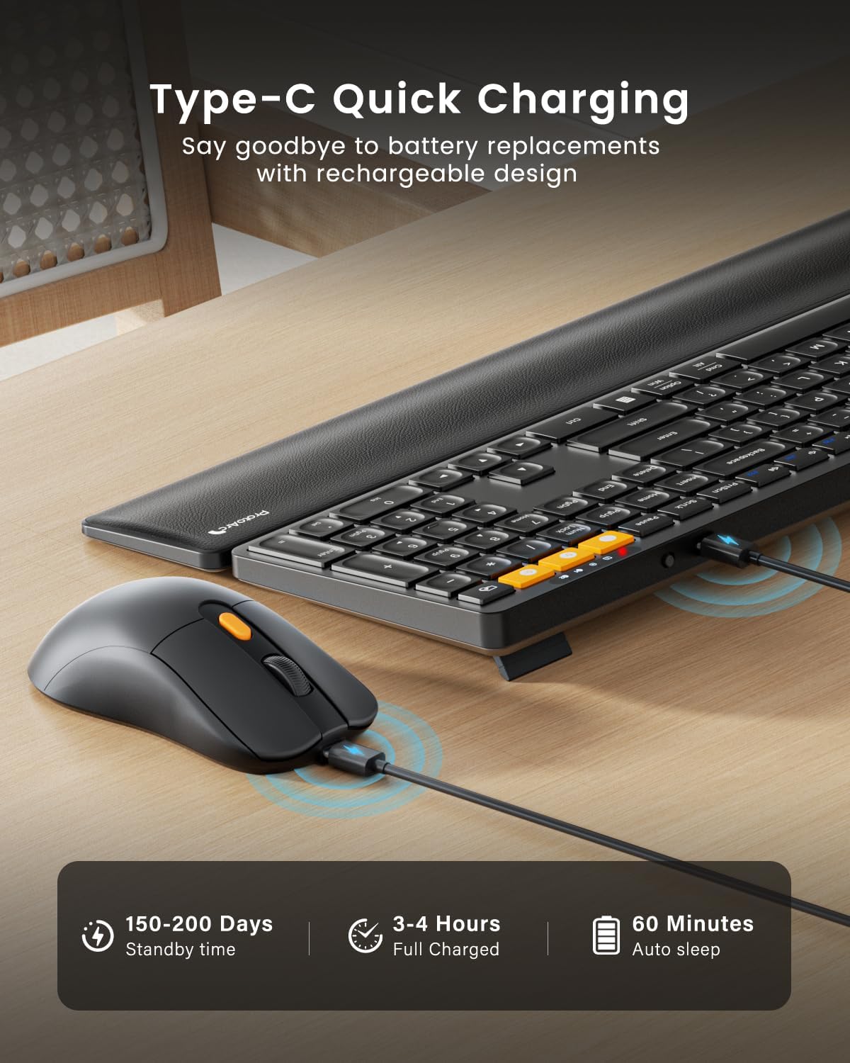 ProtoArc KM60 Wireless Ergonomic Keyboard Mouse Combo, Black