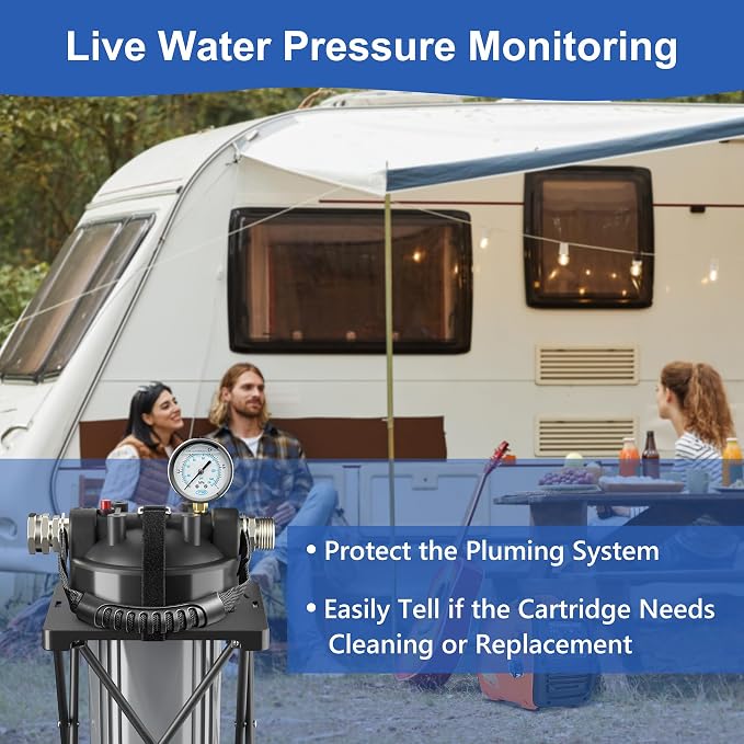 6-Layer RV Water Filter with Stand and 0.5 Micron Filtration, 3/4" GHT Metal