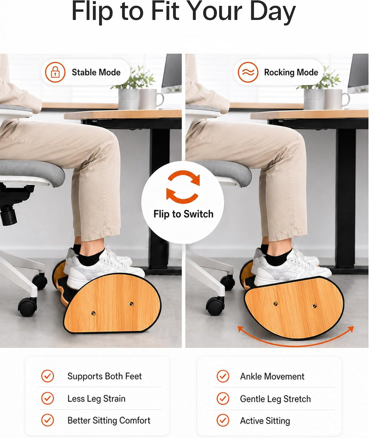 StrongTek Wooden Foot Rest for Under Desk, Reversible Rocking Footrest