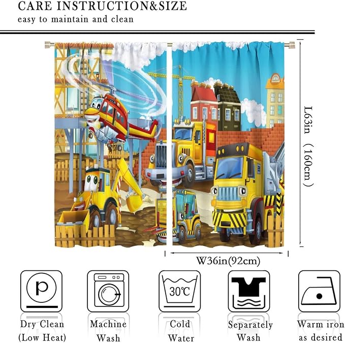 Kids Cartoon Construction Window Curtains, Funny Construction Site Cars and