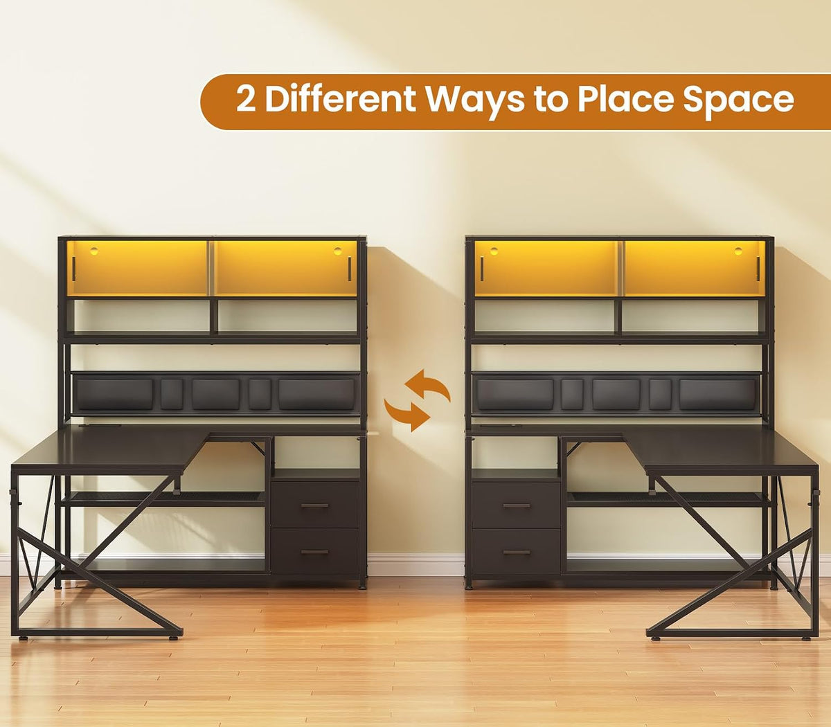 SEDETA L Shaped Gaming Desk with Storage Shelves, 2 Drawer, LED Light