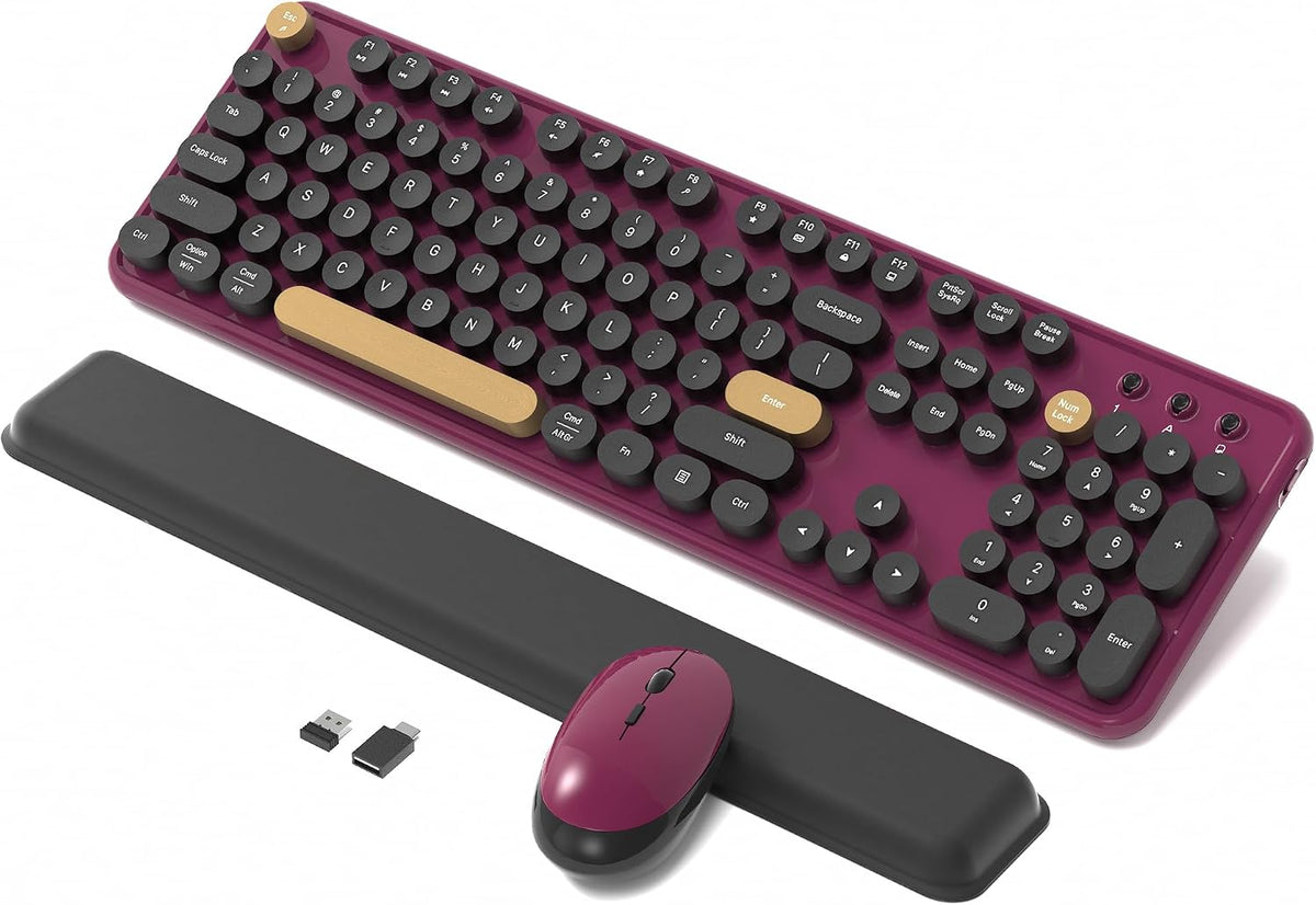 Retro Wireless Keyboard and Mouse Combo with Wrist Rest (Claret-Red)