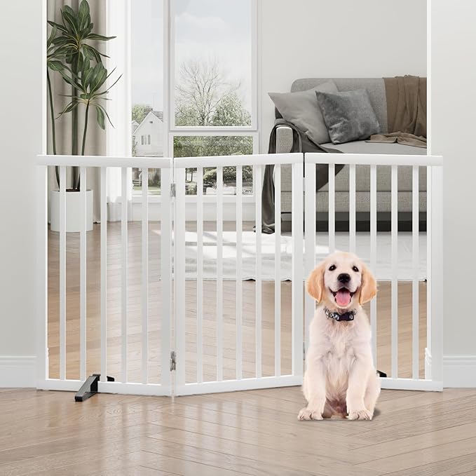 Dog Gates for Doorways, Tall Dog Gate Indoor, Foldable Pet Gates for Doorways Bedroom, Freestanding Puppy Gate with Metal Support Feet, Room Divider 3 Panels (White)
