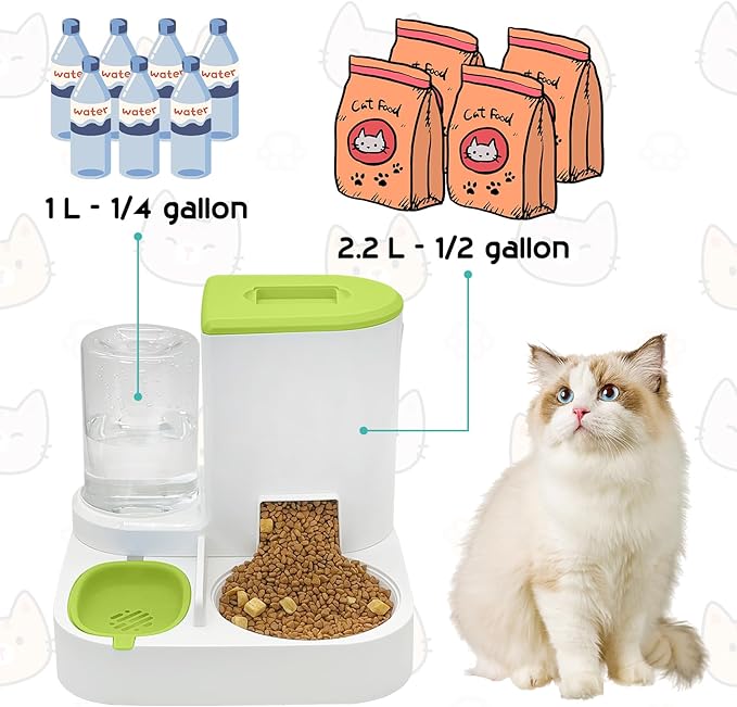 Fhiny Gravity Cat Feeder and Water Dispenser, 2 in 1 Automatic Pet Waterer Detachable Stainless Steel Food Bowls Set Pet Food Storage for Small Dog Puppy Cat Kitten Pet Easy Clean (Green)