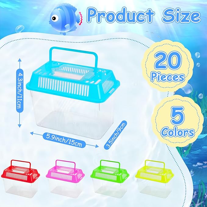 20 Pack Plastic Fish Tank with Handle, Small Reptile Terrariums Carrier Cage, Tarantula Enclosure Snake Breeding Case, Mini Fish Box for Pets (5.9" x 3.5" x 4.3")
