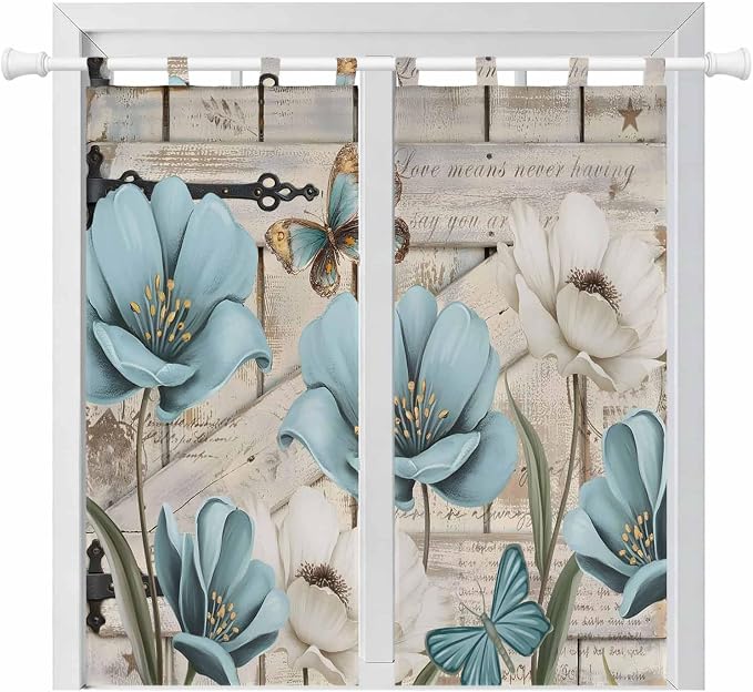Teal Blue Tulips Bedroom Curtains 72 Inch Length, Window Curtains Tab Top