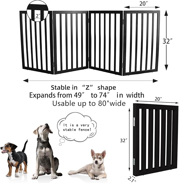 ZJSF Freestanding Indoor Dog Gate for House Foldable Wood Black Puppy Gate for Doorways Pet Gate for Stairs Extra Wide Pet Fence 32" Height 4 Panels
