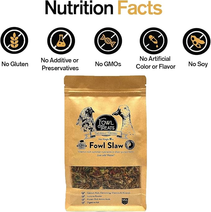 Naturally Fortified Fowl Slaw - Calcium Rich Supplements Suitable for Hens and Ducks, Contains USA Grown Ingredients – Natural Deworming – 8oz