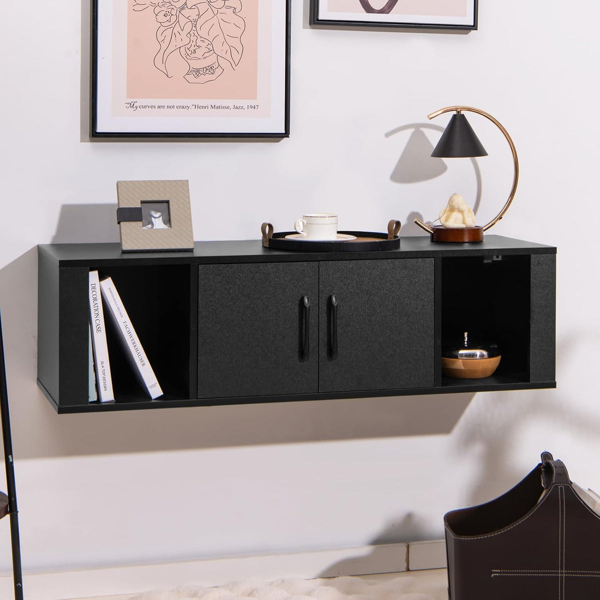 GIANTEX Wall Mounted Storage Cabinet, 2 Cube Floating Desk with Doors,Black