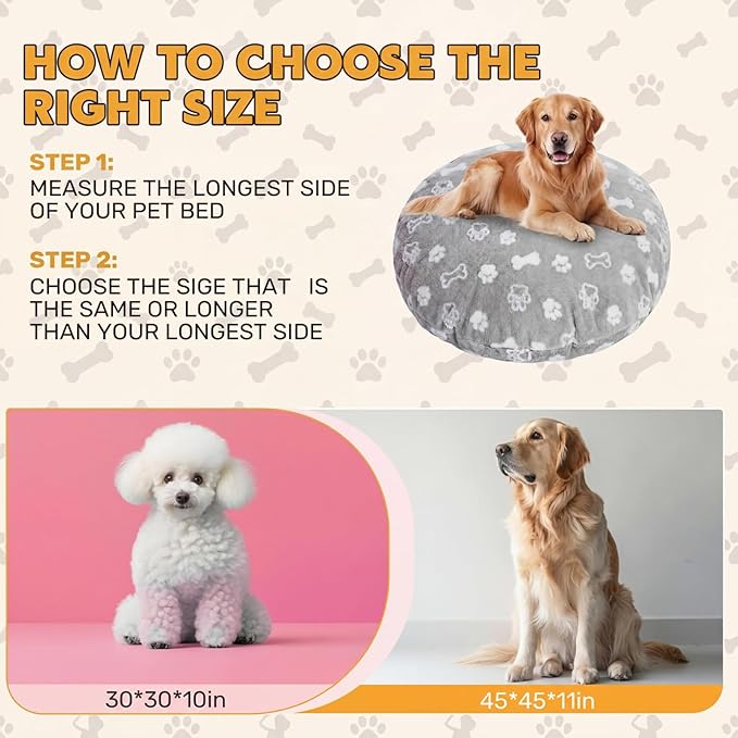 Oudain Washable Round Dog Bed Cover 45" x 45" x 11" Gray Paw Bone Prints Waterproof Dog Bed Cover Replacement for Round and Donut Dogs Beds Scratch Resistant Mattress Protector