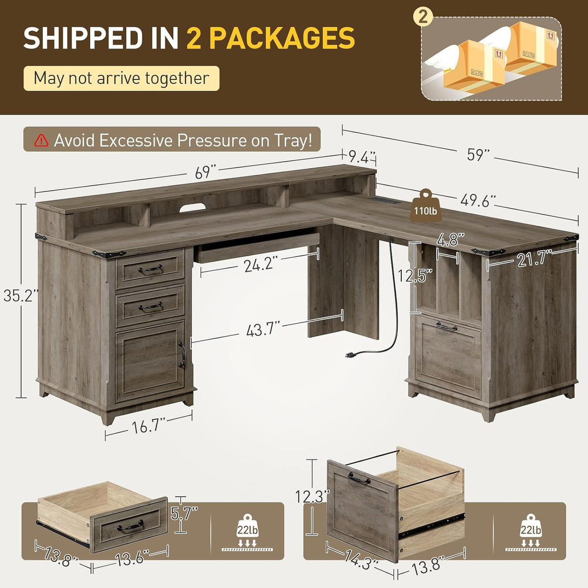 RALGEND Farmhouse 69" L Shaped Office Desk with Drawers and Storage Cabinet