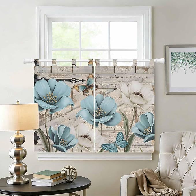 Teal Blue Tulips Bedroom Curtains 63 Inch Length, Window Curtains Tab Top
