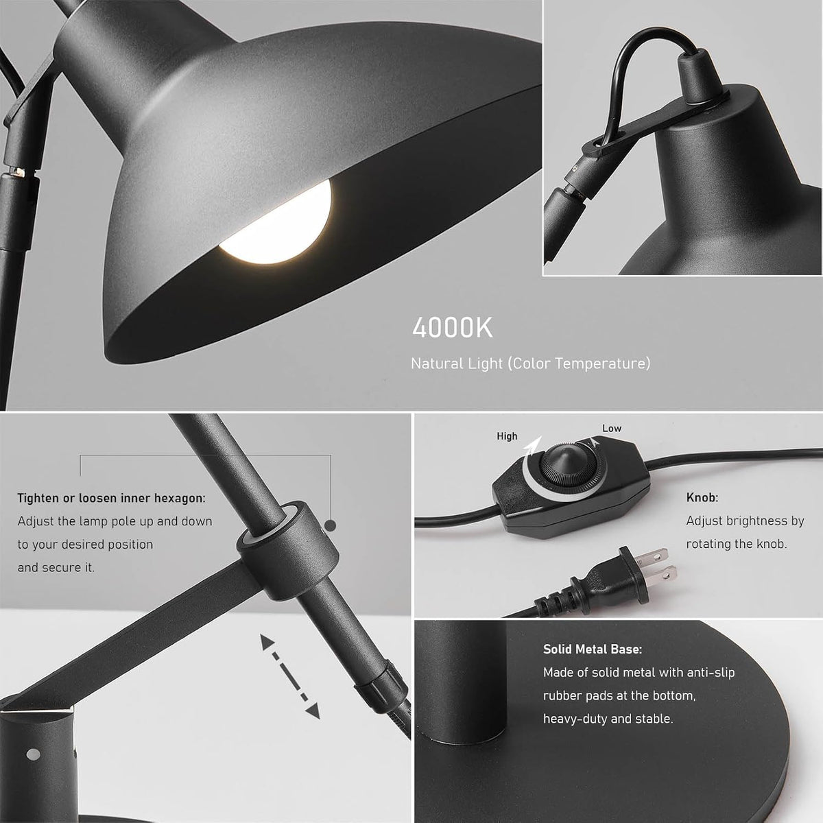 Desk Lamp Modern Industrial 100% Metal Adjustable Table Lamp 24", Natural Light (4000K) with Dimmer, Ideal for Office Bedroom Study Room Living Room Nightstand Bedside Lamps Sand Black