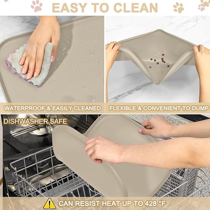Silicone Pet Food Mat with Raised Edge for Food and Water Bowl, Dog Feeding Mats, Cat Food Trays for Floor Waterproof, Rubber Tray for Dogs and Cats, 24 x 16 x 0.8 Beige